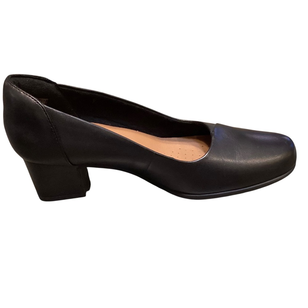 Clarks Unstructured Black Leather Block Heel Pumps Round Toe Womens 8 M EUC